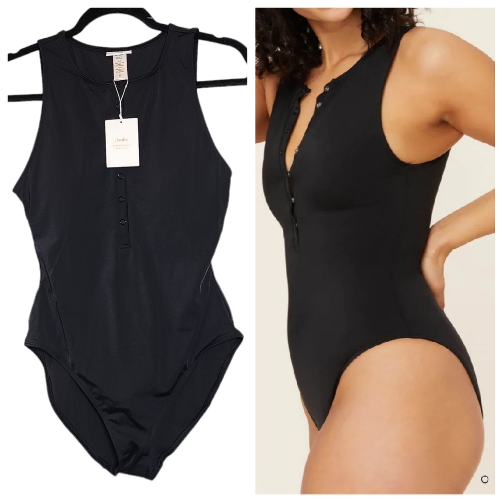 NWT Andie Malibu Black Snap Button one peice swimsuit. Women's size medium